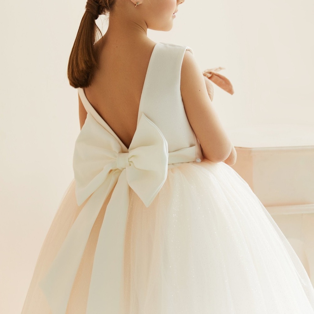 Satin flower girl dress with soft pink glitter tulle & train